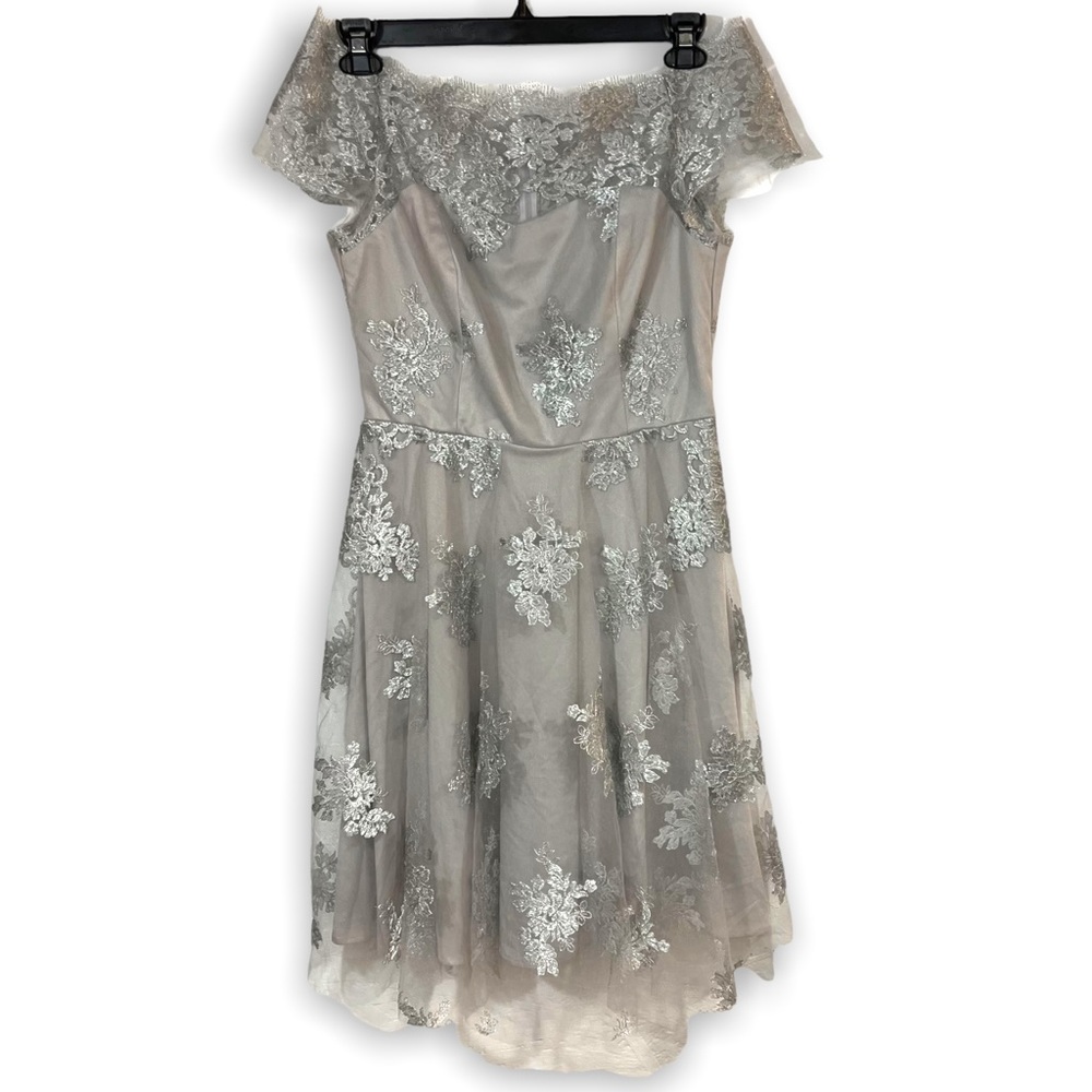 Eva Franco Lace Overlay Off the Shoulder 50s Style Dress, Silver, Size 10